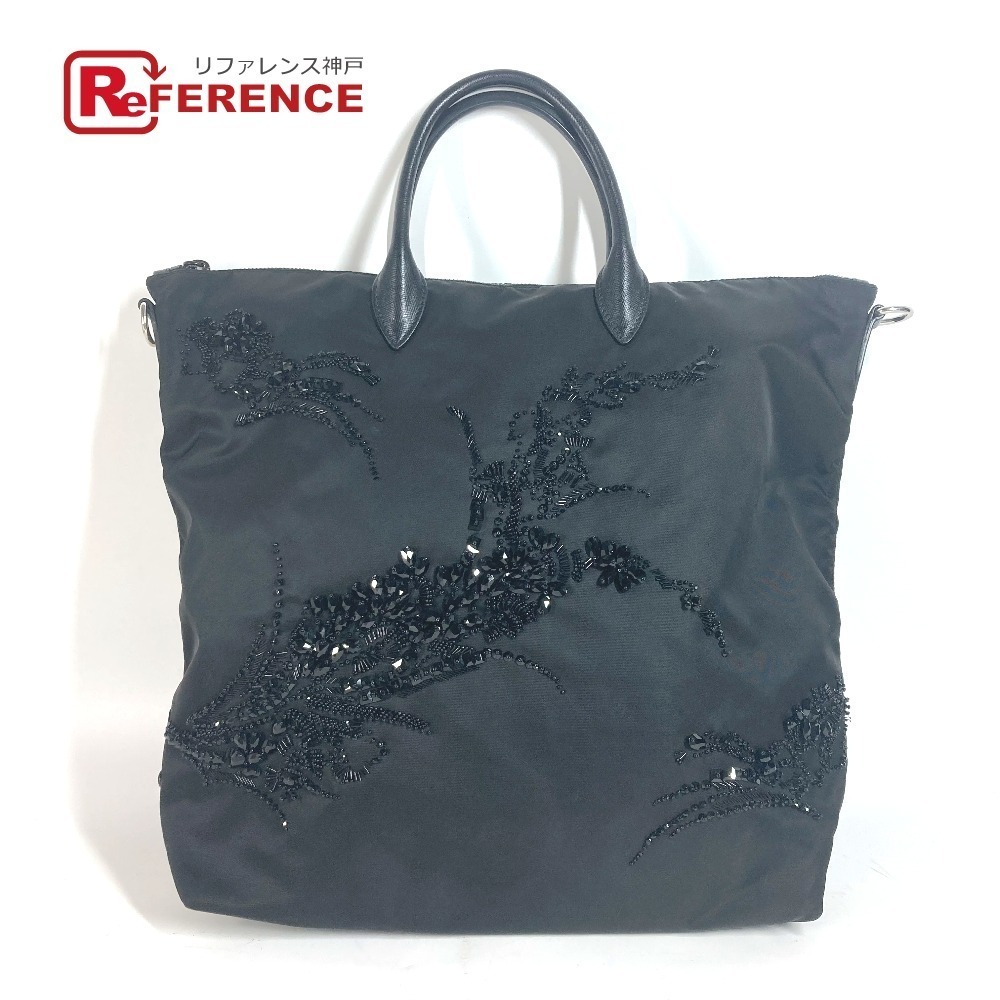 PRADA Beaded Stone Embroidered Tote Bag Handbag Leather Black